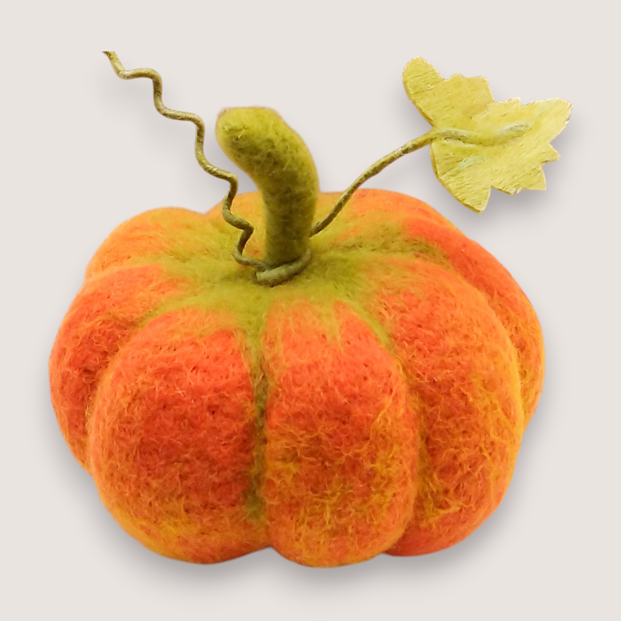 Front view of set of five needle felted pumpkins in harvest tones, handmade wool sculptures by Grey Wren Studio